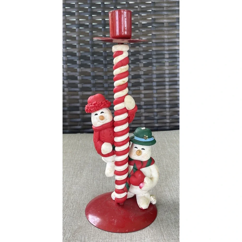 Vintage Snowman Candlestick Holder Kmart Red White Green Christmas Holiday Decor